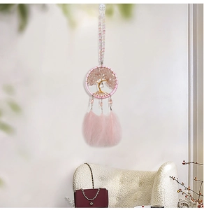 Pink Tree of Life dreamcatcher with natural crushed stones and soft hanging feathers