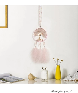 Pink life tree dream catcher car pendant with copper wire crystal and soft feathers