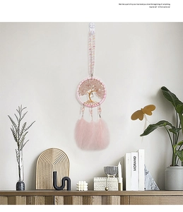 Pink Life of Tree dream catcher wall hanging with crystals and feathers in room decor