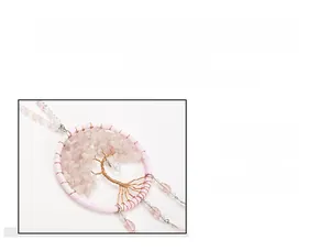 Detailed view of hand-woven pink crystal Tree of Life car pendant with copper wire
