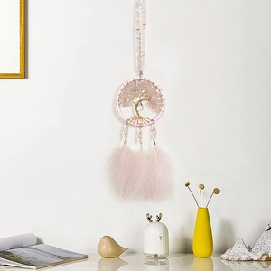 Pink tree of life dreamcatcher with crushed stone pendant and feathers for car decor