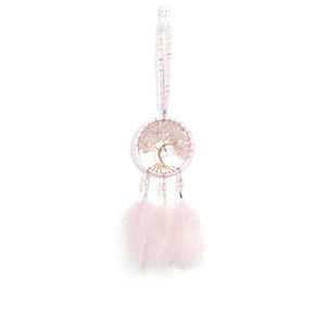 Pink Tree of Life dreamcatcher car pendant with crushed crystals and soft feathers