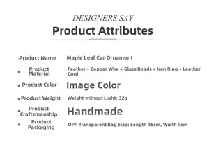 Detailed chart showing handmade dream catcher car pendant materials and dimensions