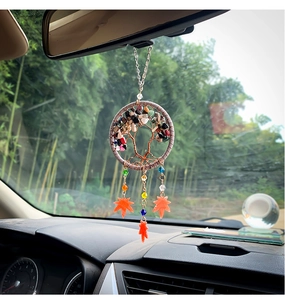 Detailed Tree of Life car charm with colorful crushed stones and orange maple leaf pendants