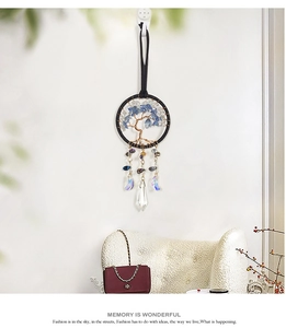 Detailed view of handmade Tree of Life car pendant with blue stones and crystal charms