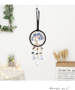 Boho Tree of Life dream catcher detail with blue stones and moon crystal pendant