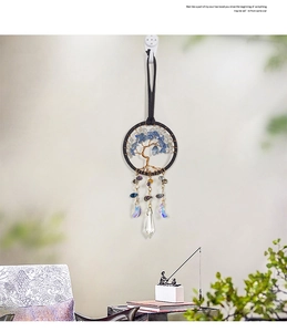 Detailed handmade Tree of Life car pendant with blue crystals and purple crescent moon