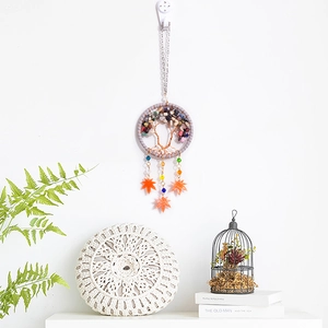 Tree of Life dreamcatcher car pendant with colorful stones and maple leaf charms
