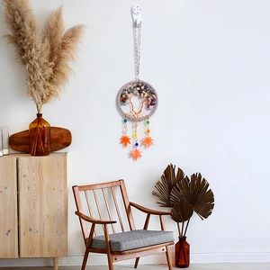 Handmade Tree of Life dreamcatcher car pendant with colorful stones and maple leaf charms