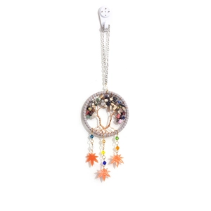 Car dream catcher with Tree of Life wire wrap and colorful stones and maple leaf pendants
