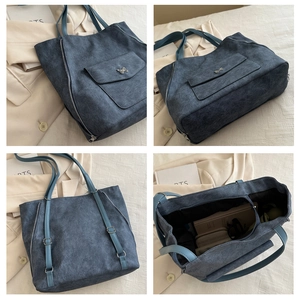 Vue en quatre angles du sac fourre-tout bleu marine avec boucle papillon et grande capacité