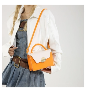 Detailed view of women's orange and beige handbag with gold clasp and top handle