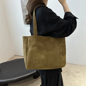 Vintage Chinese style corduroy tote bag with floral patterns in olive green