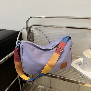 Women Canvas Shoulder Bag Retro Tote Crossbody Bag Large Capacity Fashion Wide Colorful Stripe Strap Student Daily School Handbag