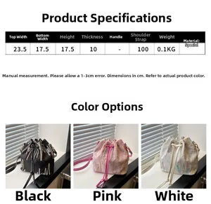 Size chart and detailed dimensions of embroidered drawstring canvas bucket bag