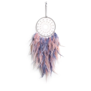 Handmade grey and pink dreamcatcher with feathers and pearls for home wall decoration