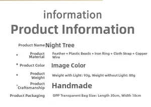 Detailed specifications table for Night Tree dreamcatcher featuring feathers and wire tree