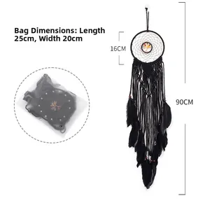 Detail of black bohemian dream catcher with Tree of Life beads and 90cm long feathers