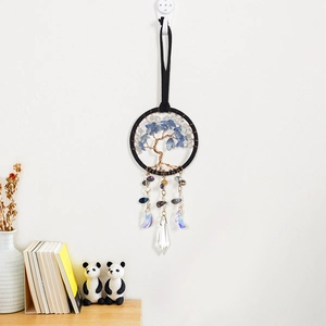Handmade Tree of Life car pendant with blue crystal beads and multifaceted crystal drop