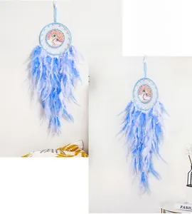Detailed view of Tree of Life dreamcatcher with soft blue feathers and beads decoration