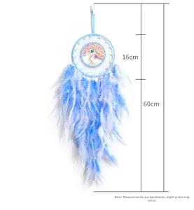 Detail of blue tree of life dreamcatcher showing 16cm ring diameter and 60cm total length