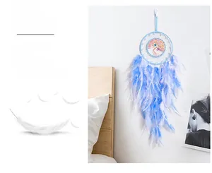 Detail of life tree dream catcher with light blue feathers and beads for wall decor