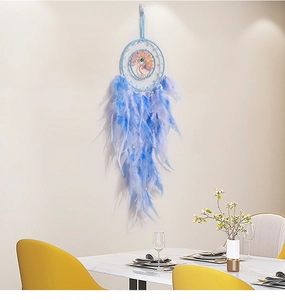 Detail of tree of life dreamcatcher with blue feathers hanging on a minimalist wall