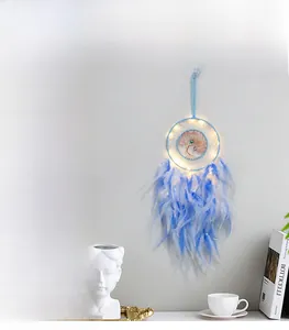 Detailed view of Tree of Life dreamcatcher with blue white feathers and LED lights