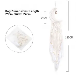 Detailed view of large white moon dreamcatcher with feathers and wooden beads packaging