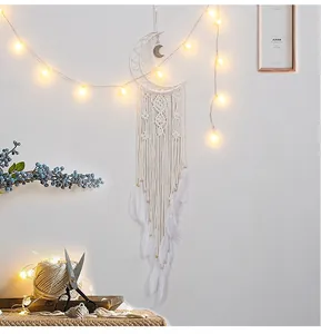 Detailed view of handmade white moon dreamcatcher with feathers on white wall