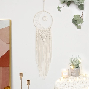 Large handmade moon star macrame dream catcher with off-white tassels for boho wall decor