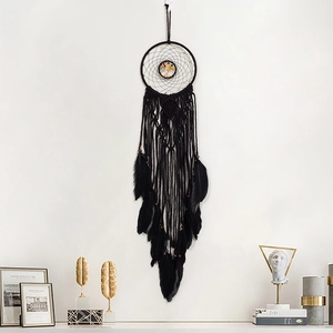 Bohemian black macrame dream catcher with tree of life stones and feather tassels for wall decor