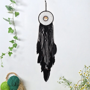 Handmade black macrame dream catcher with Tree of Life stone design and feathers