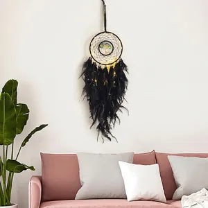 Tree Of Life Dream Catcher Black Feather Wall Hanging Decor With LED Lights Handmade Bohemian Style For Bedroom Living Room
