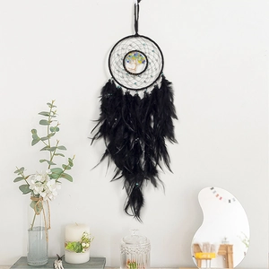 Dream catcher wall hanging with colorful tree of life design and black feathers