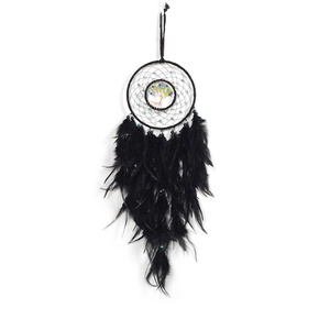 Black tree of life dream catcher with dark feathers and blue bead accents for wall decor