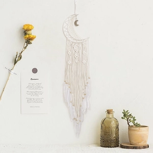 Moon Shape Macrame Dream Catcher Handmade Cotton Rope Tassels White Feathers Wood Beads Metal Pendant Bohemian Home Decor