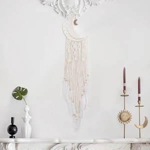 Handmade large white moon dreamcatcher with bohemian macrame feathers for wall hanging
