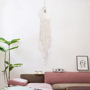 Large white moon dream catcher with handmade lace weaving and feathers for wall decor
