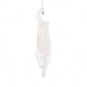 Large white handmade moon dream catcher with bohemian macrame feathers for wall hanging decor