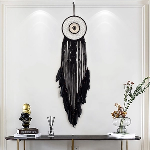 Handmade large black bohemian macrame dreamcatcher with feathers and wooden beads wall decor