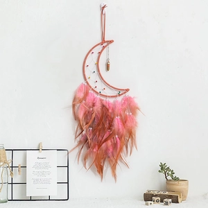 Bohemian handmade moon-shaped woven dreamcatcher with pink feathers for wall hanging decor