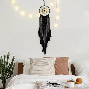 Black Bohemian cotton rope dream catcher with feathers and fairy lights for bedroom wall decor