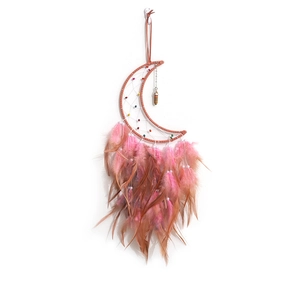 Pink crescent moon dream catcher with feathers and crystal pendant for wall decor