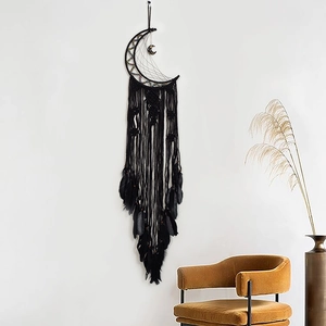 Attrape Rêves Lune Noire Fait à la Main Corde en Coton Tissé Plume Bohémien Décoration Murale Chambre Salon Maison Ornement