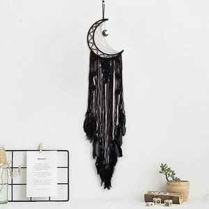 Capteur de rêves lune noire bohème avec glands et plumes pour décoration murale