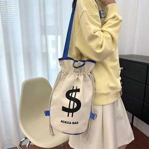 Women Canvas Drawstring Bucket Bag With Dollar Sign Print Casual Large Capacity Shoulder Crossbody Bag Fashion Streetwear