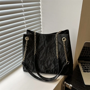 Women Fashion Letter Embossed Tote Bag Crinkle PU Leather Large Capacity Shoulder Bag With Gold Metal Chain Strap