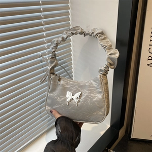 Women Ruffled Shoulder Bag PU Leather Butterfly Metal Decor Y2K Style Crescent Hobo Bag Casual Elegant Handbag For Girls