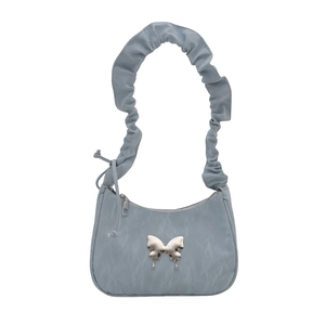 Light blue pleated hobo bag with a silver butterfly buckle and cloud-texture finish